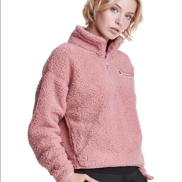 Champion Women's Cozy High Pile Quarter Zip Embroidered Logo Pink Beige - Picture 2 of 6